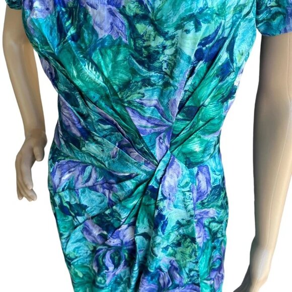 Vintage Isabell Gerhart Houston Dress Green Purple Floral Print Draped Cocktail - Picture 4 of 10
